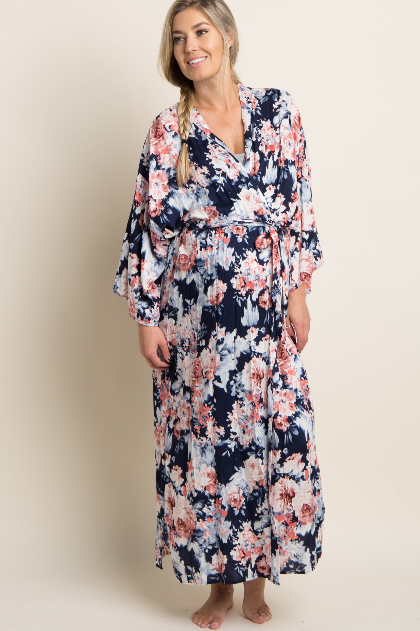 Navy Floral Delivery/Nursing Long Maternity Robe– PinkBlush
