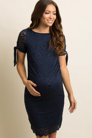 Navy Lace Overlay Sleeve Tie Fitted Maternity Dress