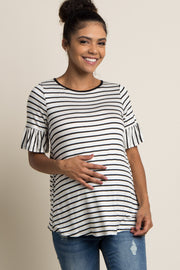 White Striped Ruffle Sleeve Maternity Top