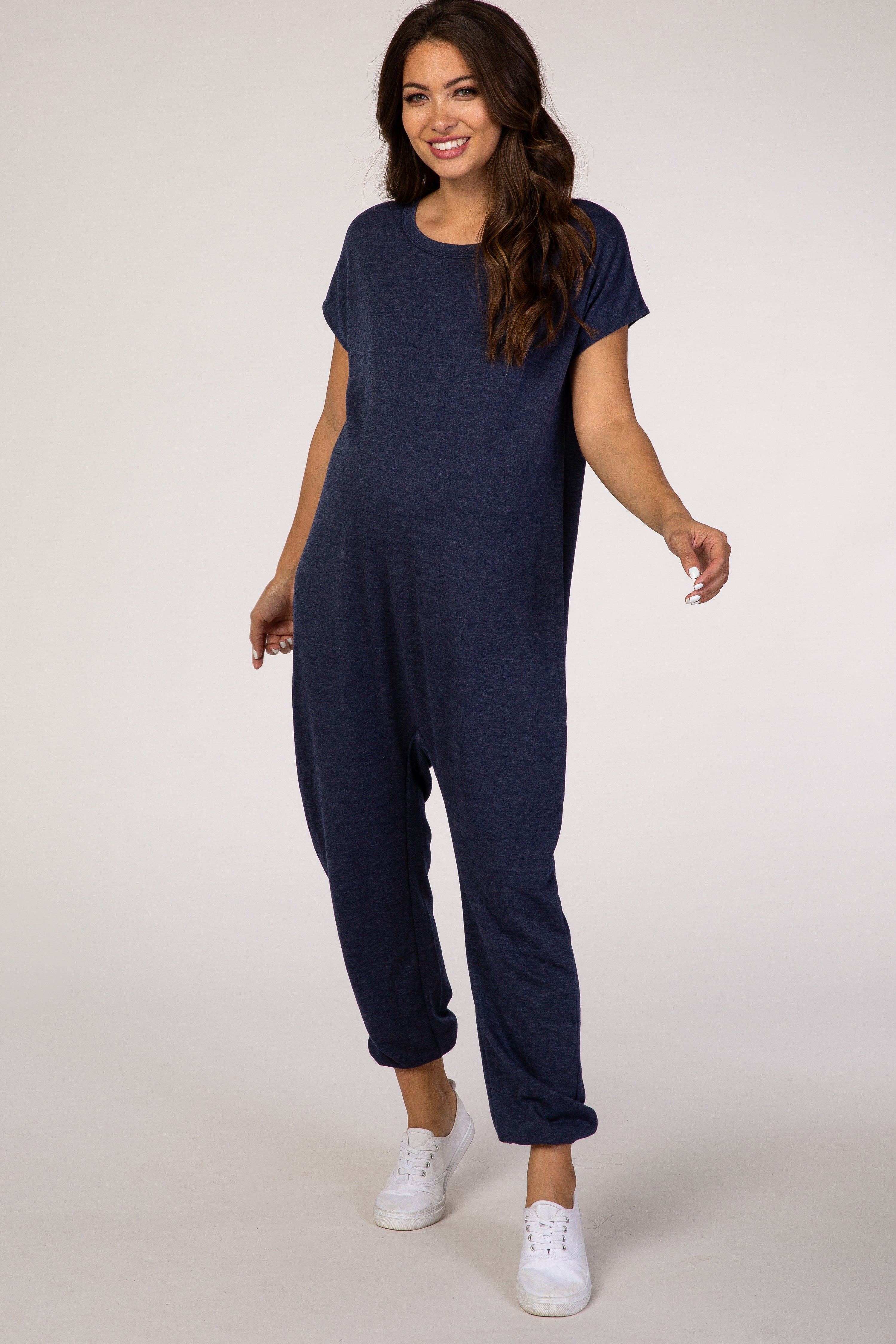 Pinkblush Navy Blue Heathered Short Sleeve Maternity Jumpsuit 