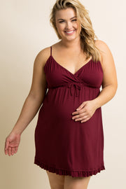 PinkBlush Burgundy Ruffle Trim Plus Maternity Sleep Dress