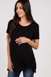 PinkBlush Black Solid Short Sleeve Knot Hem Maternity Top