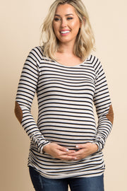 Beige Striped Suede Elbow Patch Maternity Top