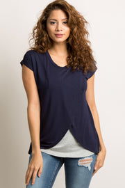 Navy Blue Layered Wrap Front Nursing Top