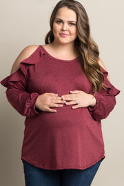 Burgundy Ruffle Trim Cold Shoulder Plus Maternity Top