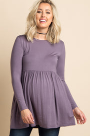 Purple Solid Long Sleeve Peplum Maternity Top