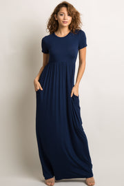 Navy Blue Solid Side Pocket Maxi Dress