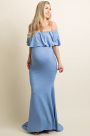 Blue Ruffle Off Shoulder Mermaid Maternity Photoshoot Gown/Dress