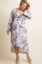 Light Pink Floral Bell Sleeve Hi-Low Plus Maternity Wrap Dress