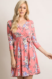 Coral Floral Sash Tie Wrap Dress