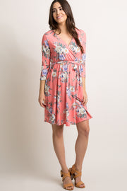 Coral Floral Sash Tie Wrap Maternity Dress