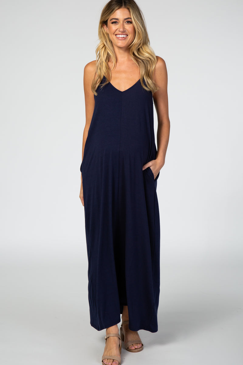 Navy Blue Solid Cami Maternity Maxi Dress – PinkBlush