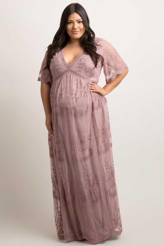 PinkBlush Mauve Lace Mesh Overlay Maternity Maxi Dress Small S