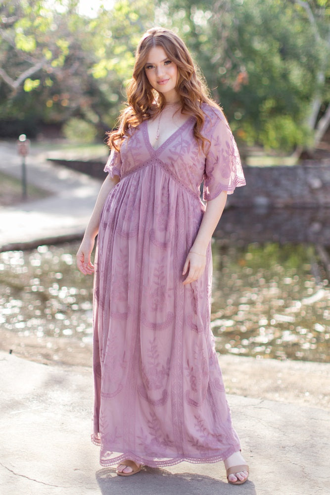 Pink Lace Mesh Overlay Maternity Maxi Dress– PinkBlush