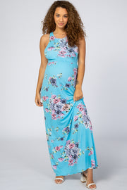 PinkBlush Turquoise Floral Print Sleeveless Maternity Maxi Dress