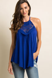 Blue Crochet Accent Halter Cami Top