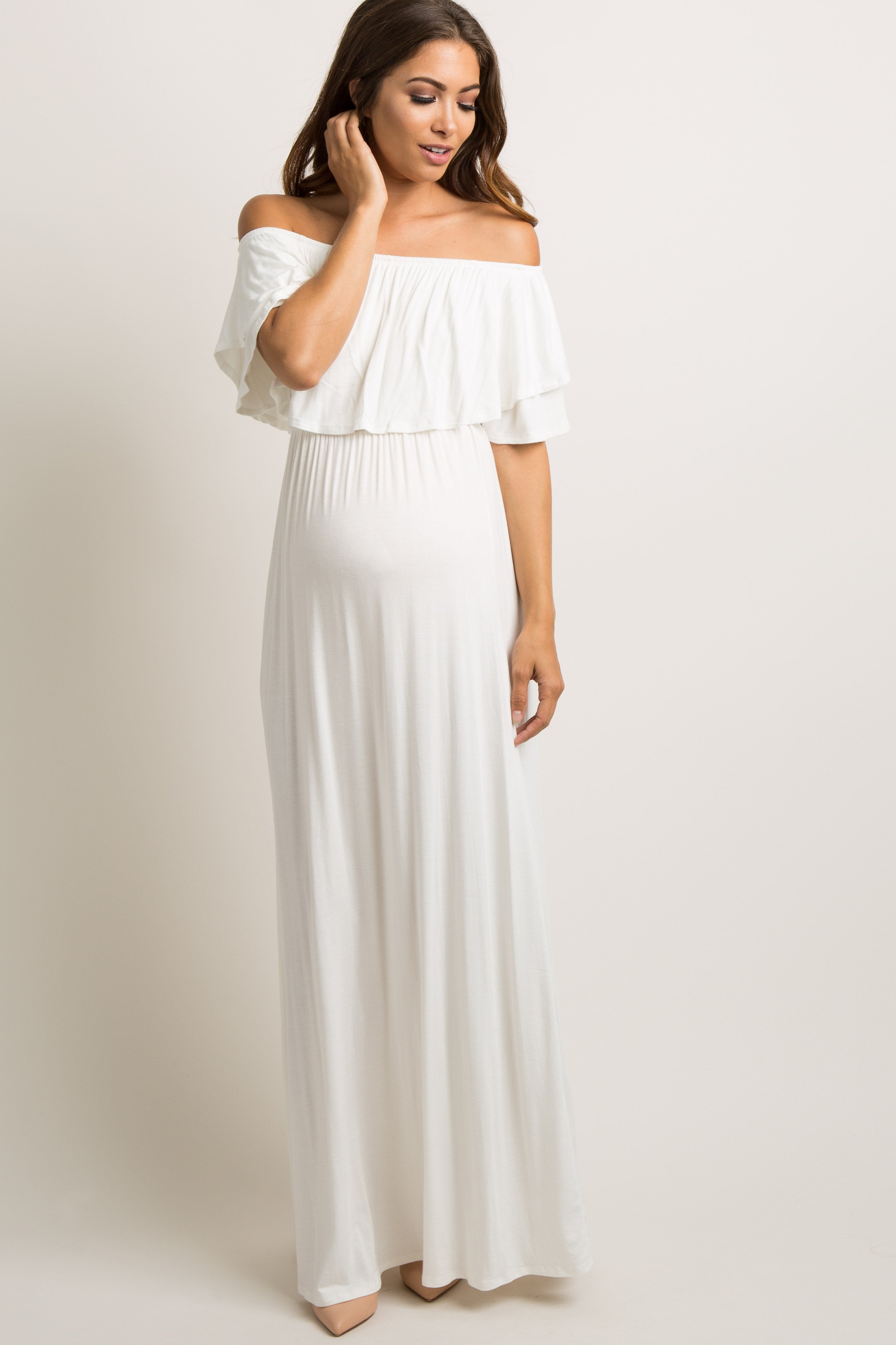 Ivory Off Shoulder Ruffle Trim Maternity Maxi Dress