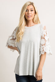 Heather Grey Crochet Bell Sleeve Top