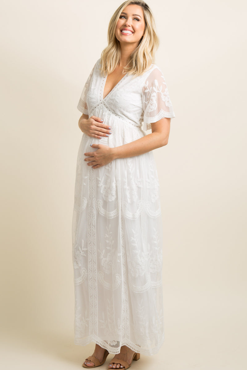 PinkBlush White Lace Mesh Overlay Maternity Maxi Dress