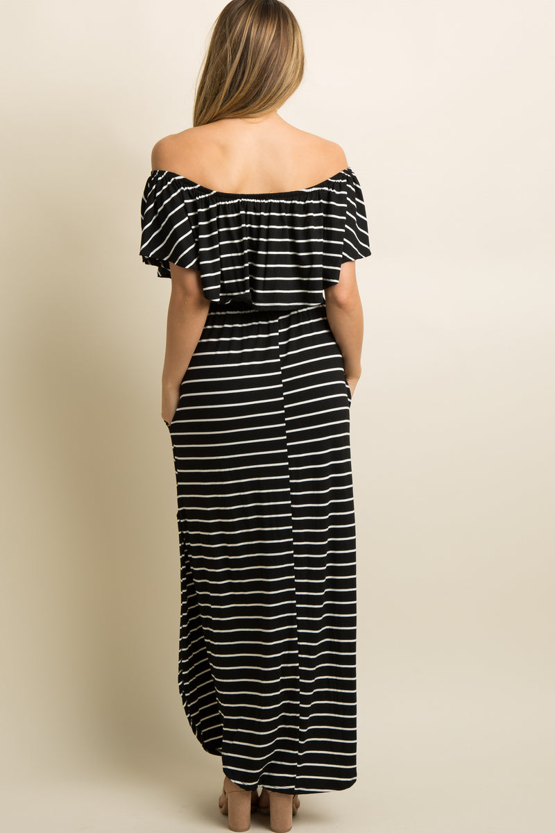 Black Striped Ruffle Off Shoulder Maternity Maxi Dress– PinkBlush
