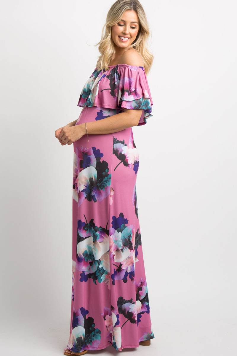 Pink Floral Ruffle Off Shoulder Maternity Maxi Dress– PinkBlush