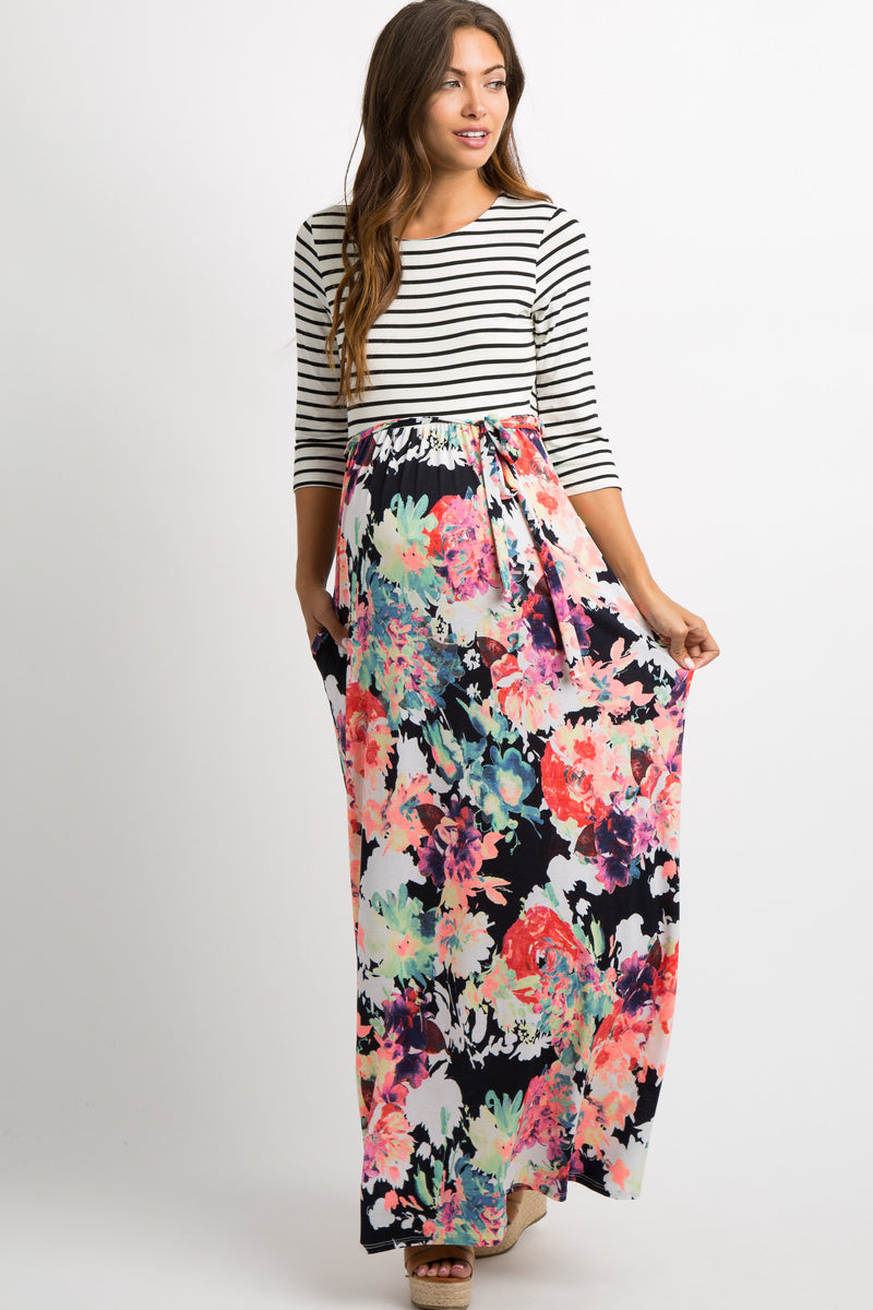 PinkBlush Navy Blue Neon Floral Striped Colorblock Maternity Maxi