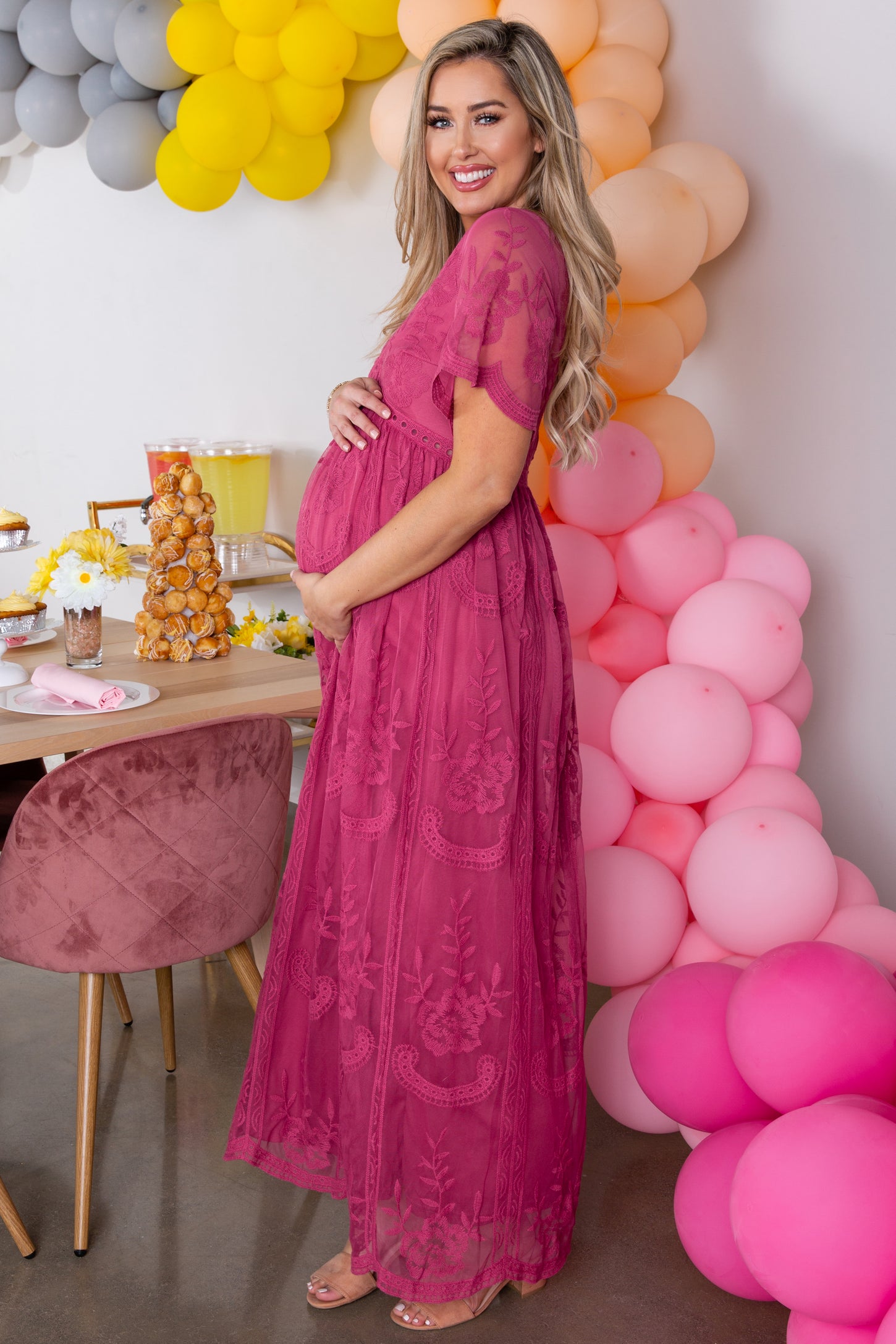 Pinkblush Pink Color Lace Open Maternity Photoshoot Maxi Dress