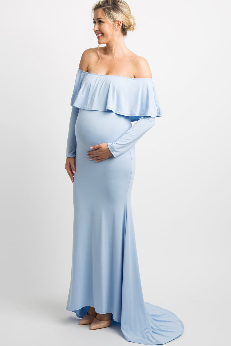 PinkBlush Light Blue Off Shoulder Ruffle Maternity Photoshoot Gown/Dre