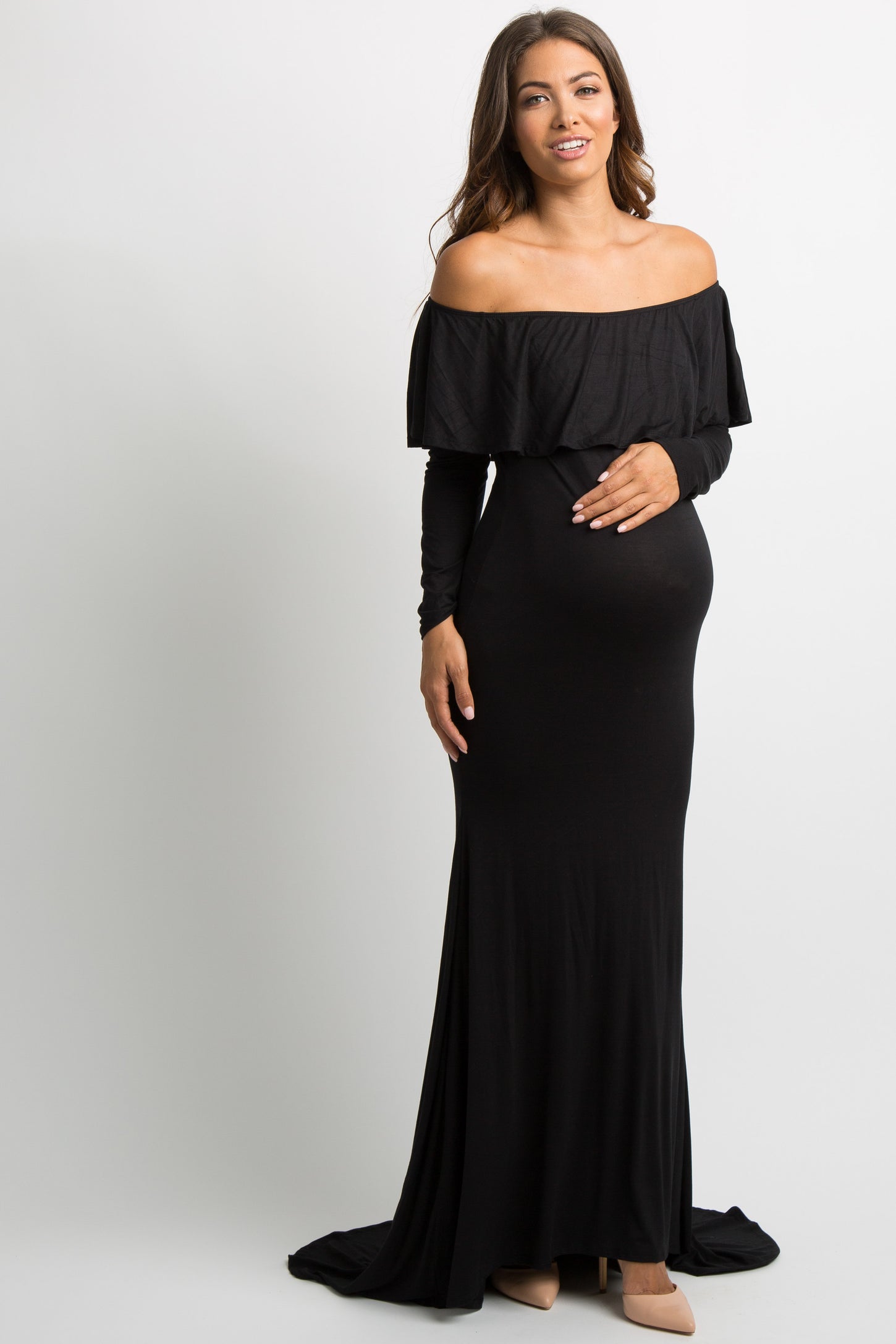 Black Off Shoulder Ruffle Maternity Photoshoot Gown/Dress– PinkBlush