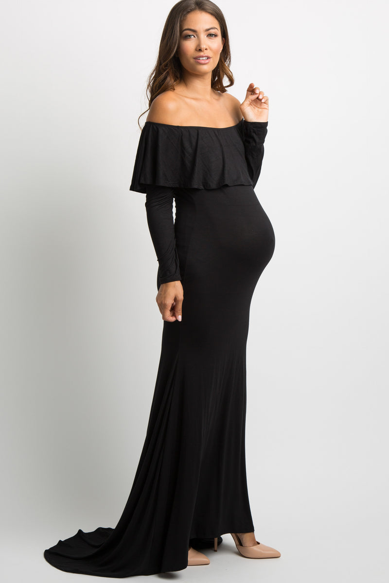 Black Off Shoulder Ruffle Maternity Photoshoot Gown/Dress– PinkBlush