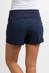 Navy Blue Foldover Linen Shorts