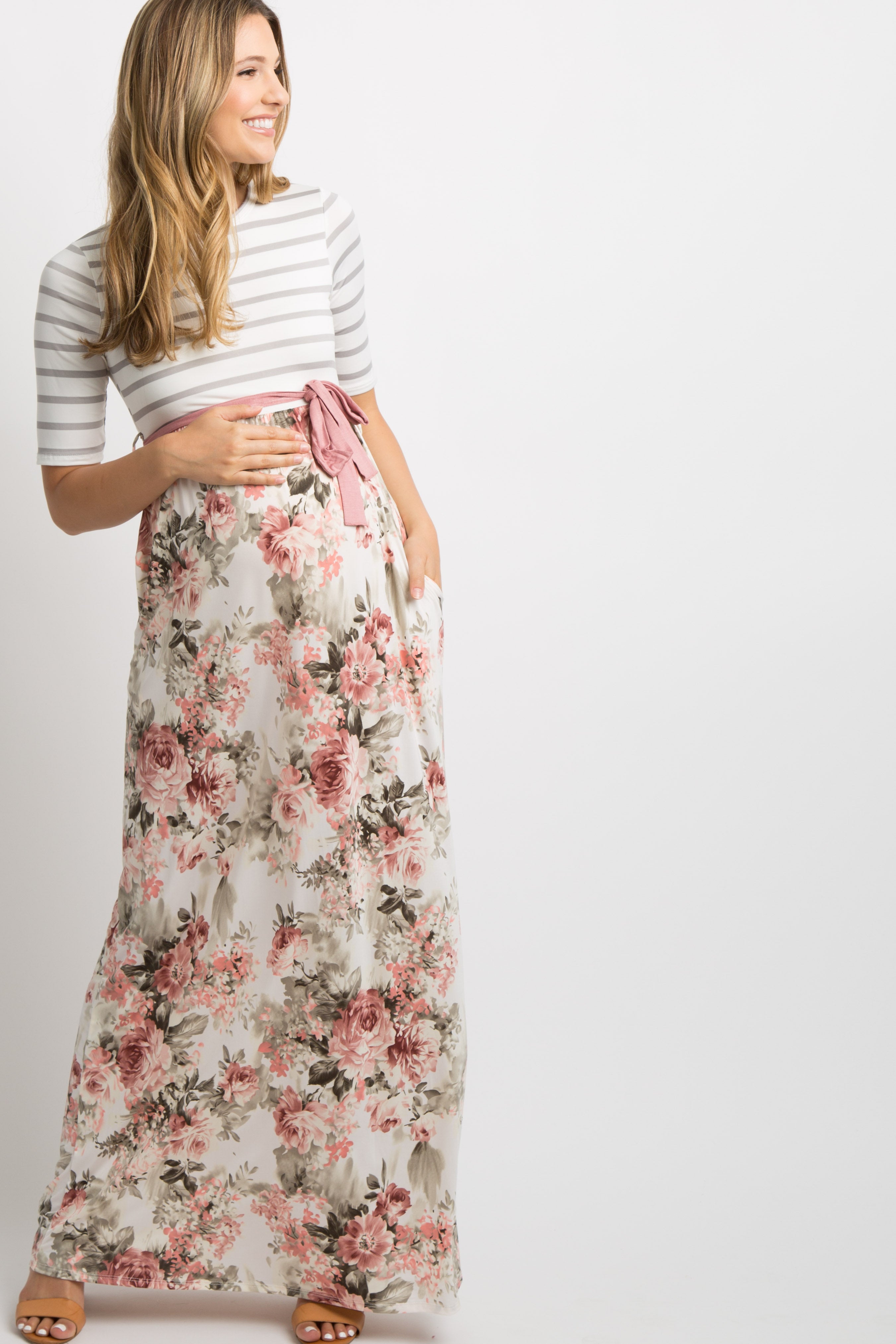 Ivory Striped Colorblock Floral Maternity Maxi Dress– PinkBlush