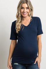 Navy Blue Basic V-Neck Maternity Top