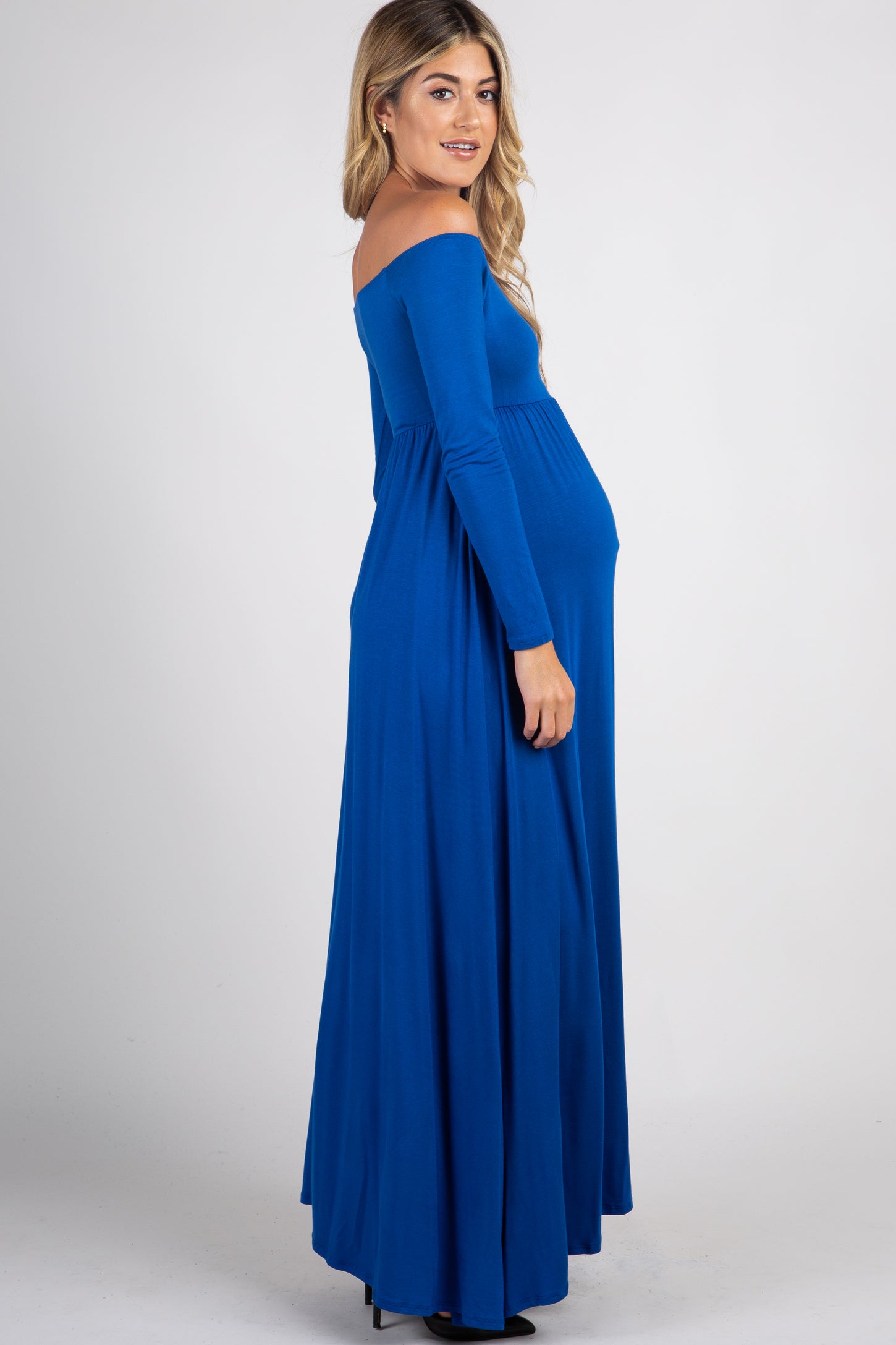 Royal Blue Solid Off Shoulder Maternity Maxi Dress– PinkBlush