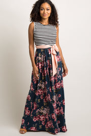 Teal Floral Striped Sash Tie Maxi Dress