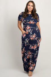 PinkBlush Navy Blue Rose Print Short Sleeve Plus Maxi Dress