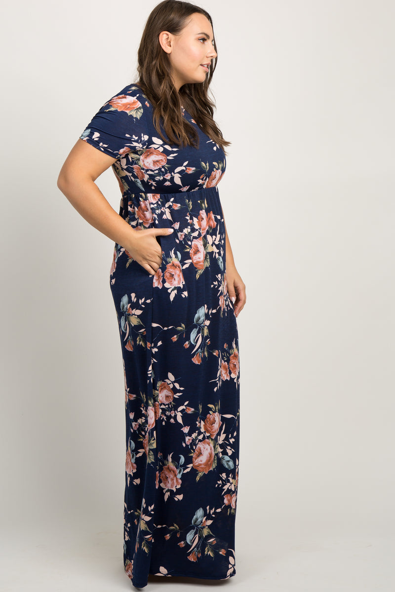 PinkBlush Navy Blue Rose Print Short Sleeve Plus Maxi Dress