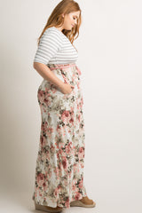 Ivory Striped Colorblock Floral Plus Maxi Dress