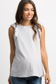 Grey Striped Ruffle Sleeveless Maternity Top