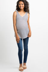 Navy Blue Striped Shoulder Knot Knit Maternity Top