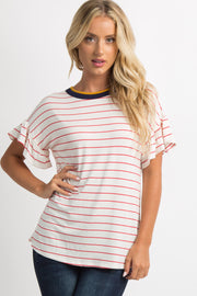 Red Striped Colorblock Hem Ruffle Trim Dolman Sleeve Top