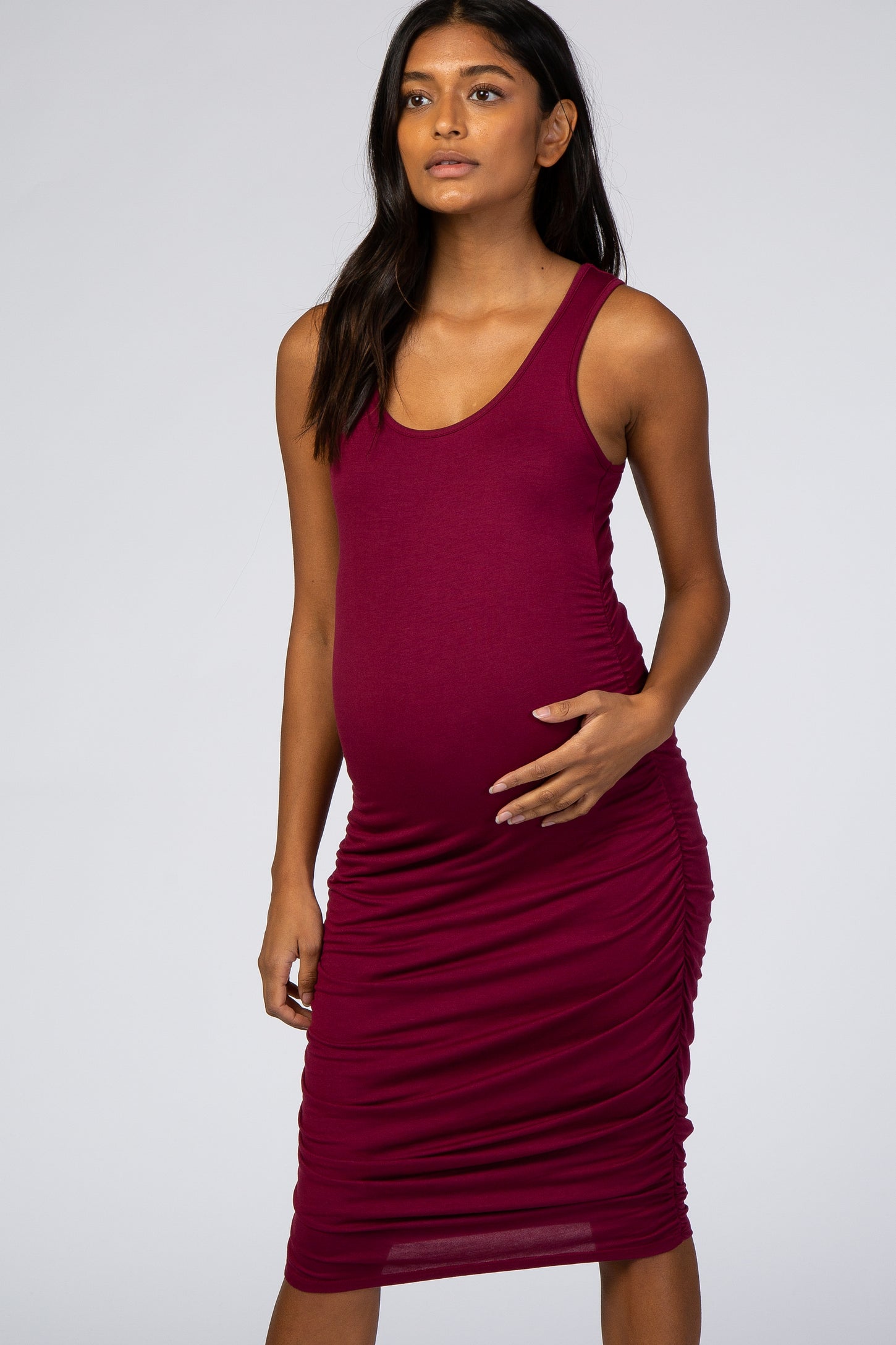 Burgundy Solid Ruched Fitted Maternity Bodycon Midi Dress– PinkBlush