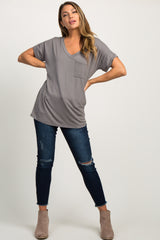 Charcoal Grey Basic V-Neck Pocket Top