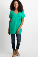 Green V-Neck Pocket Accent Top