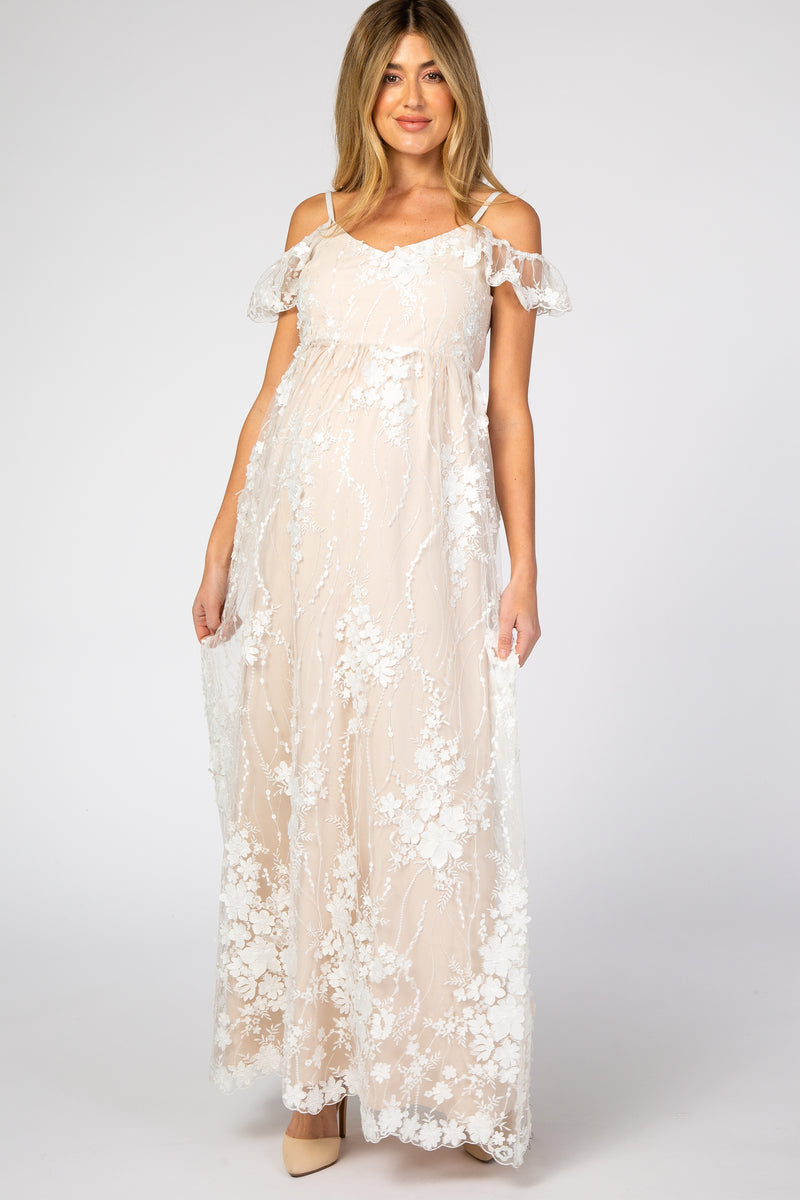 Ivory Floral Embroidered Mesh Maternity Evening Gown – PinkBlush