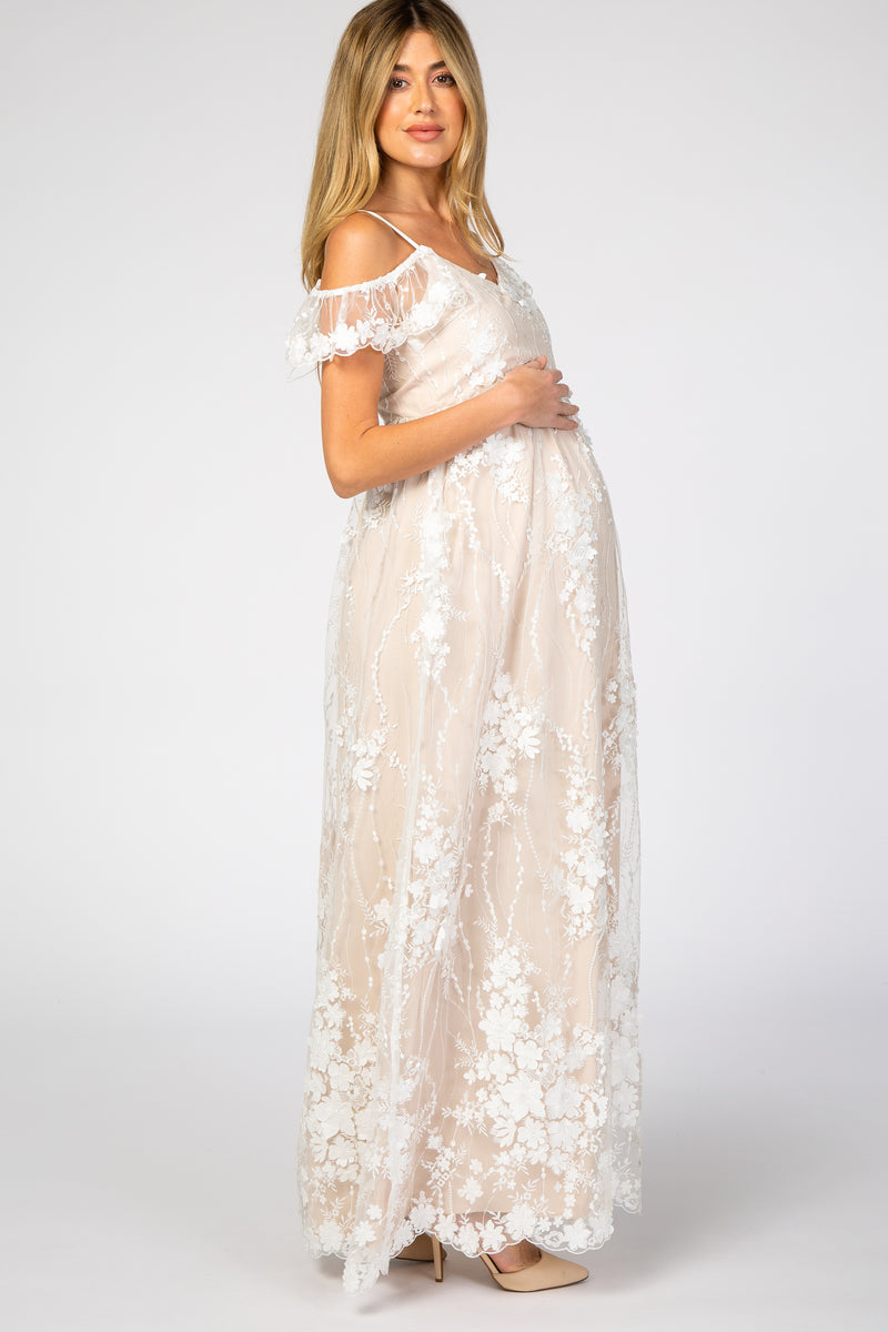 Ivory Floral Embroidered Mesh Maternity Evening Gown Pinkblush 