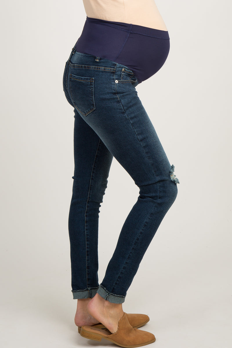 PinkBlush Navy Blue Distressed Cuffed Maternity Denim Jeans