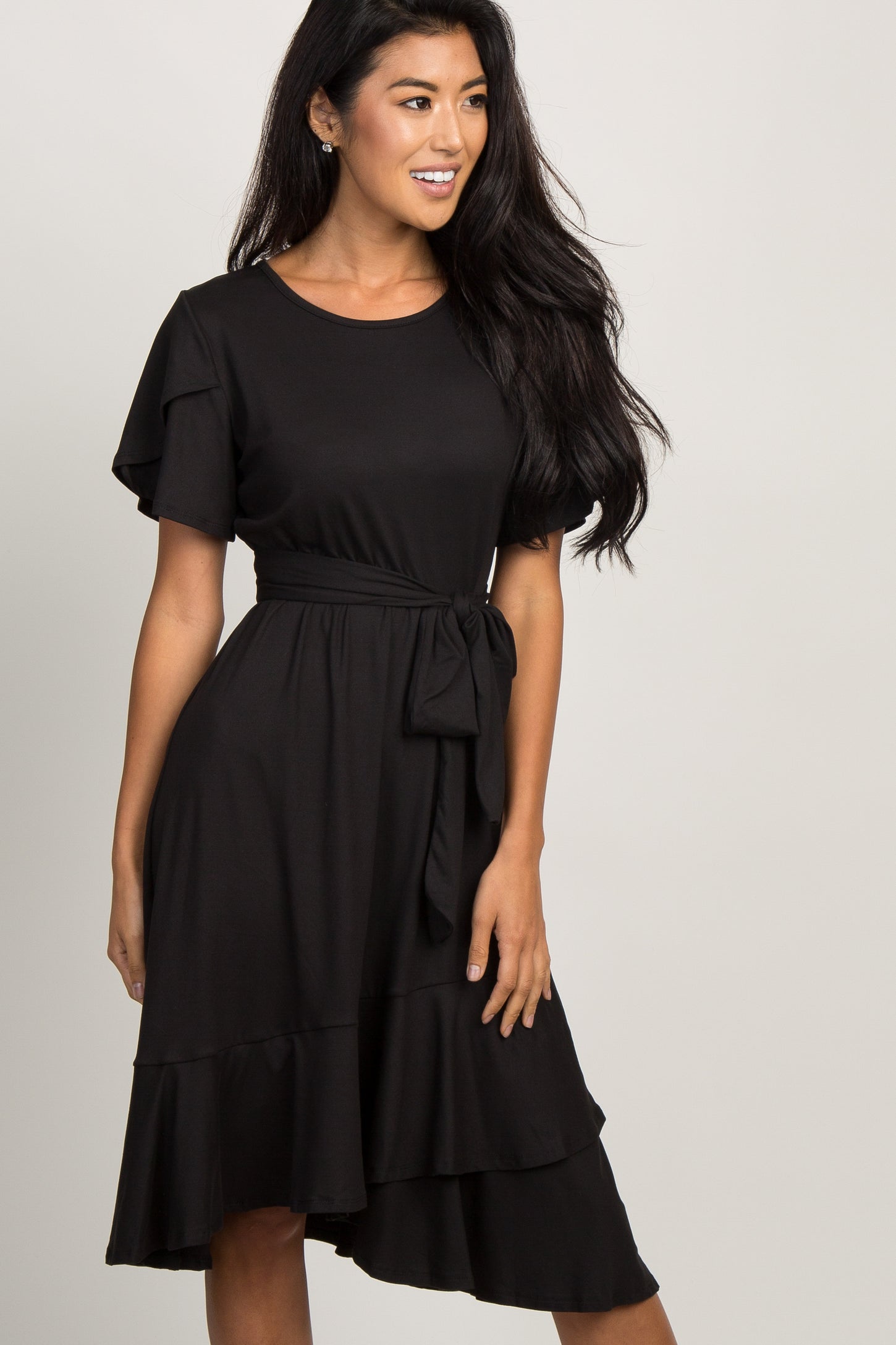 Black Solid Flounce Trim Dress – PinkBlush