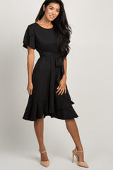 Black Solid Flounce Trim Dress