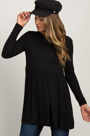 Black Solid Long Sleeve Peplum Top